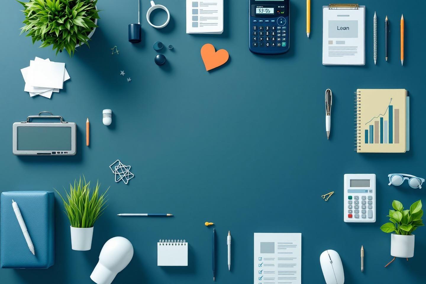 Divers objets de bureau dispos&eacute;s sym&eacute;triquement sur fond bleu