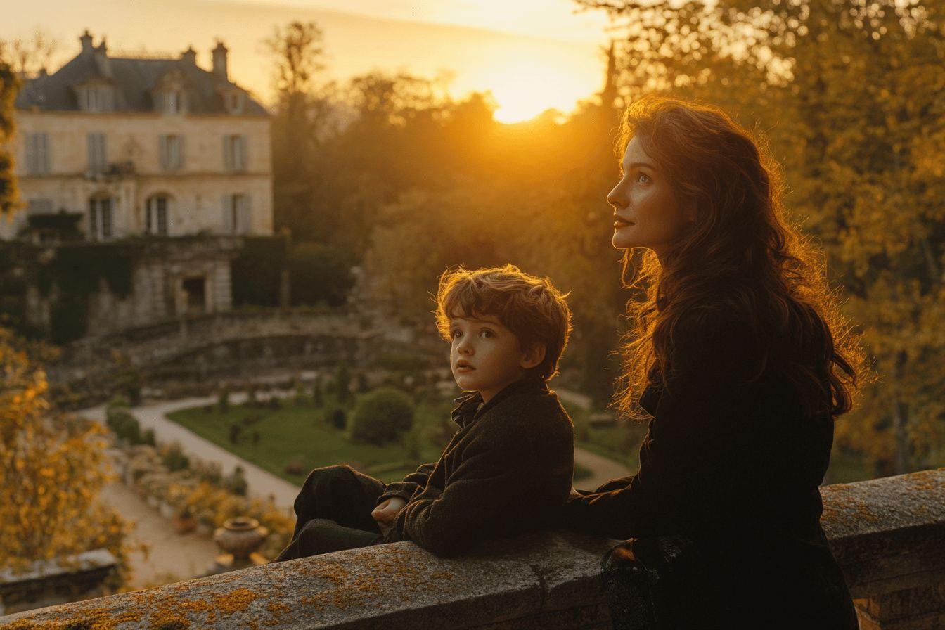 Femme et enfant contemplant le coucher de soleil dans un jardin