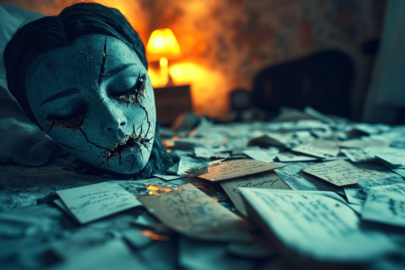 Poup&eacute;e craquel&eacute;e gisant sur des notes &eacute;parses, lumi&egrave;re chaude