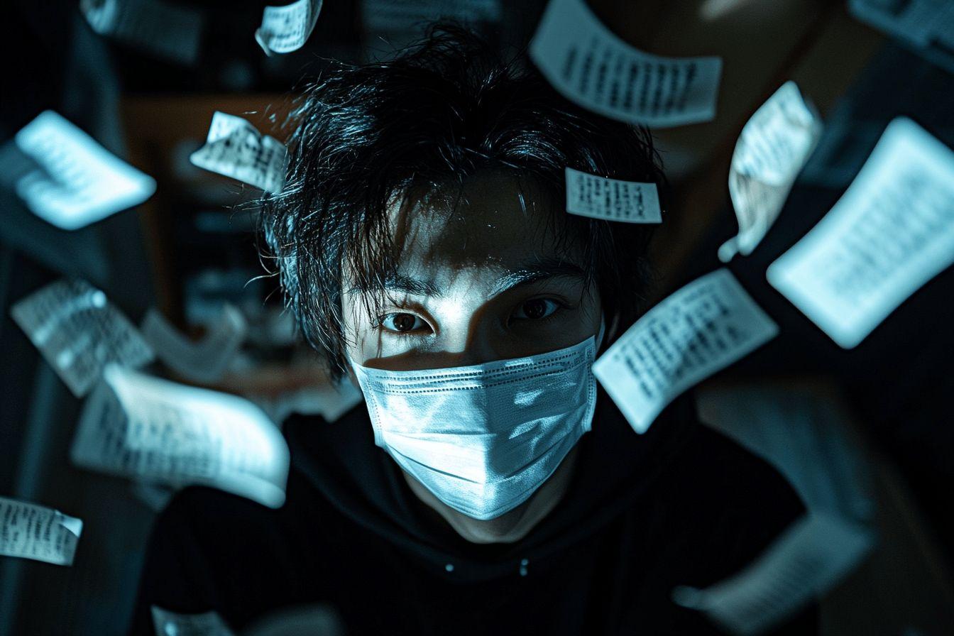 Personne masqu&eacute;e entour&eacute;e de papiers flottants sombres