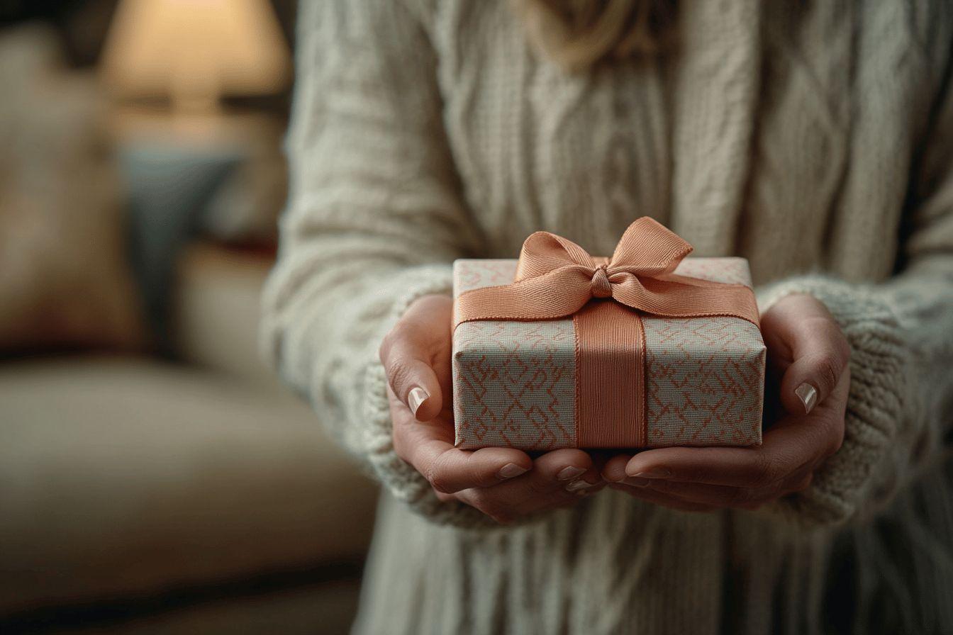 Mains tenant un présent élégant avec ruban rose