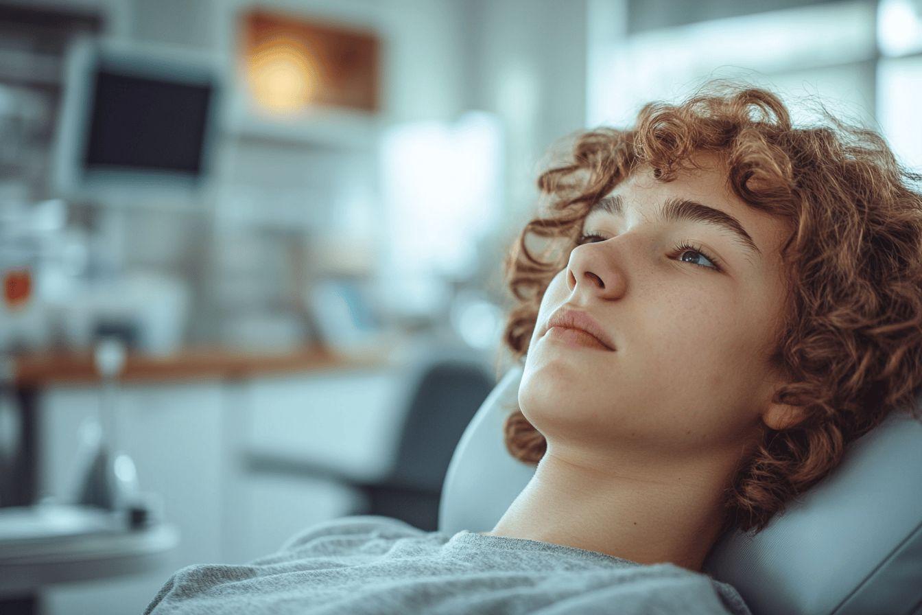 Jeune patient aux cheveux bouclés se reposant dans un fauteuil médical