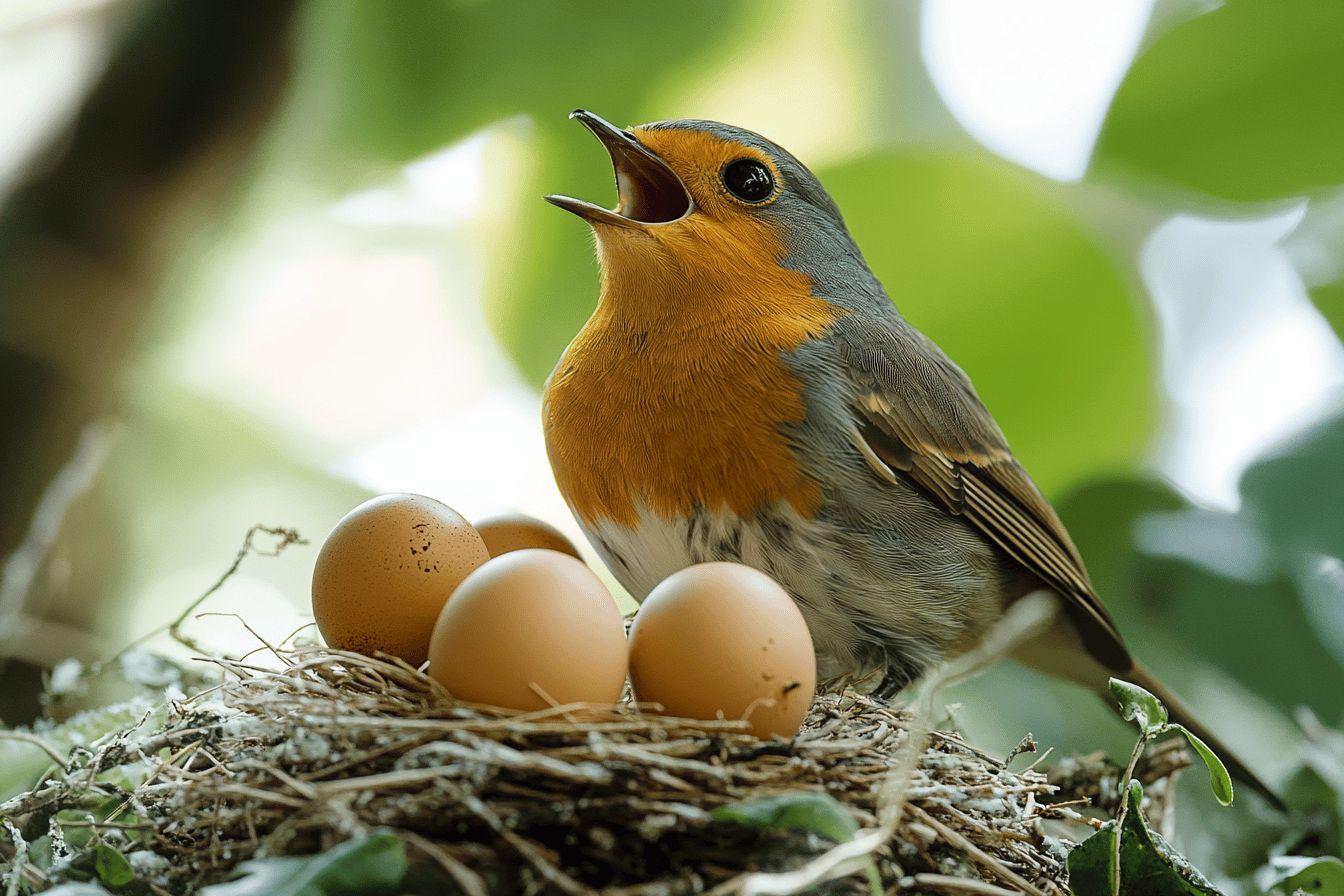 Oiseau orange et gris dans son nid avec trois &oelig;ufs