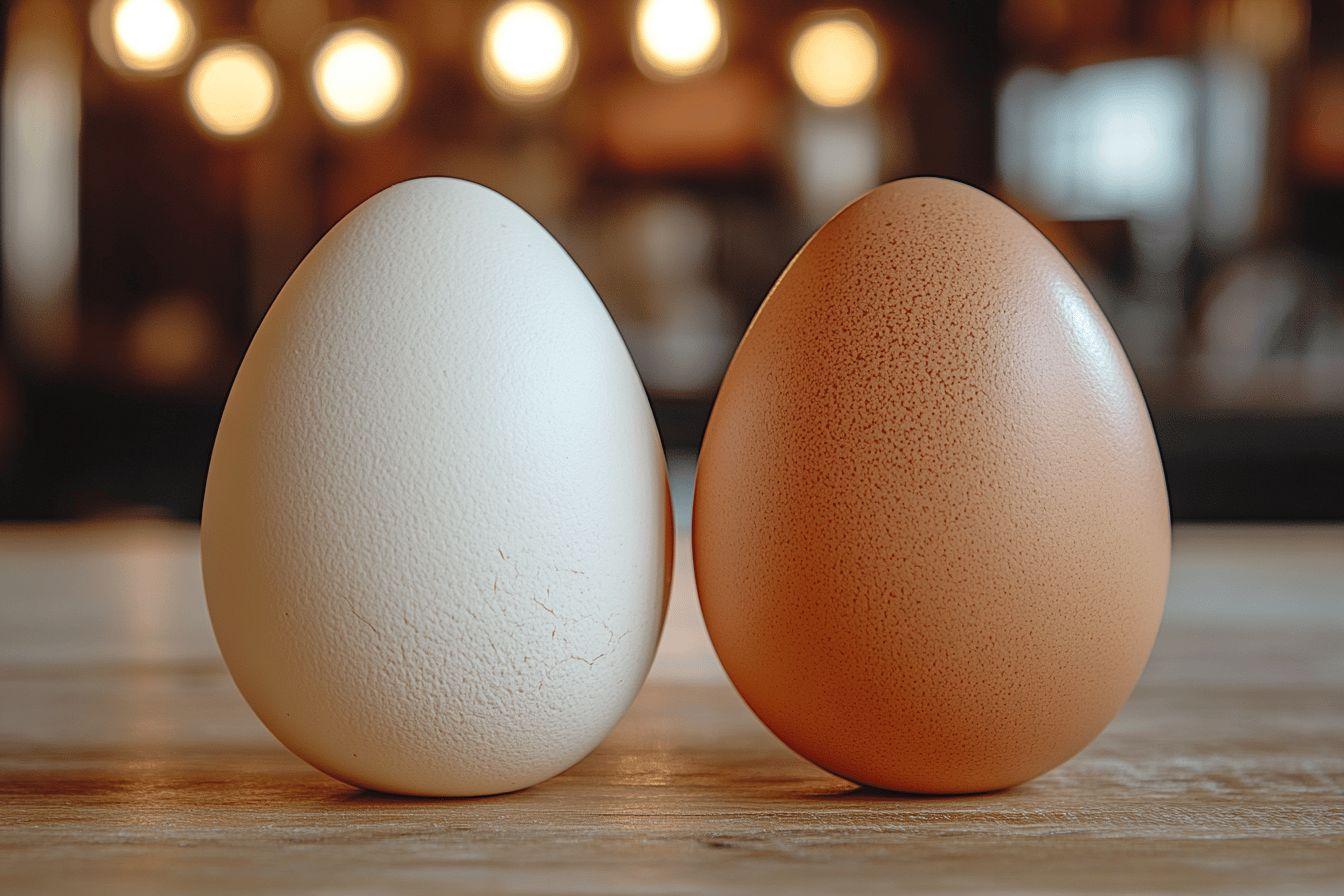 Deux &oelig;ufs c&ocirc;te &agrave; c&ocirc;te, un blanc et un brun, sur une surface