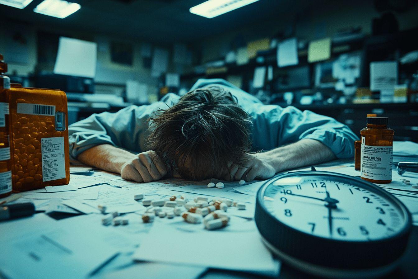 Personne endormie au bureau, m&eacute;dicaments et horloge &agrave; proximit&eacute;