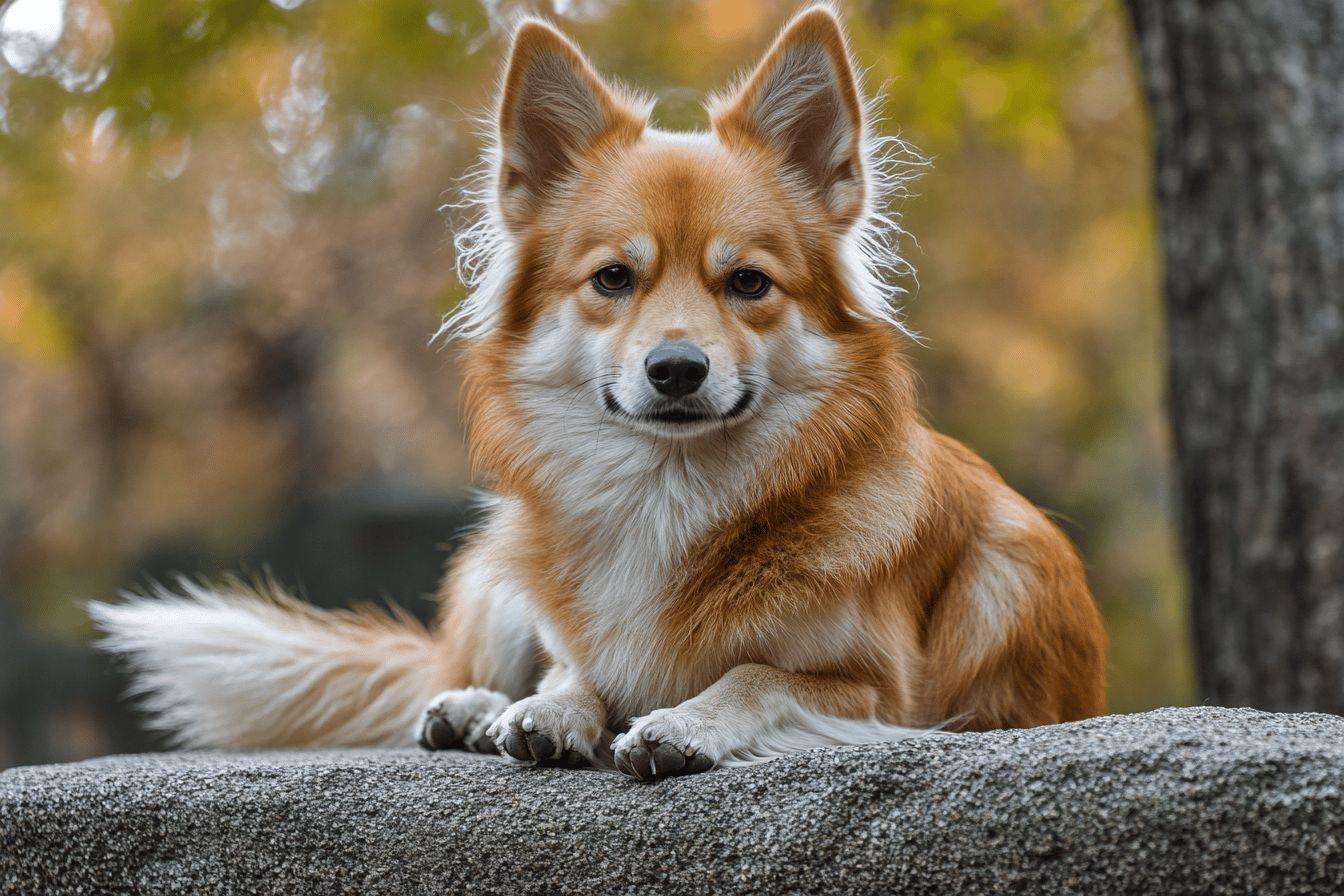 Chien roux et blanc assis sur une pierre rocheuse