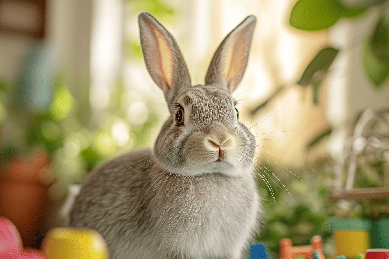 Lapin domestique gris assis avec des jouets color&eacute;s