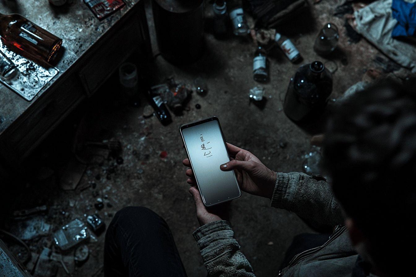 Main tenant un smartphone parmi des bouteilles et d&eacute;bris &eacute;pars