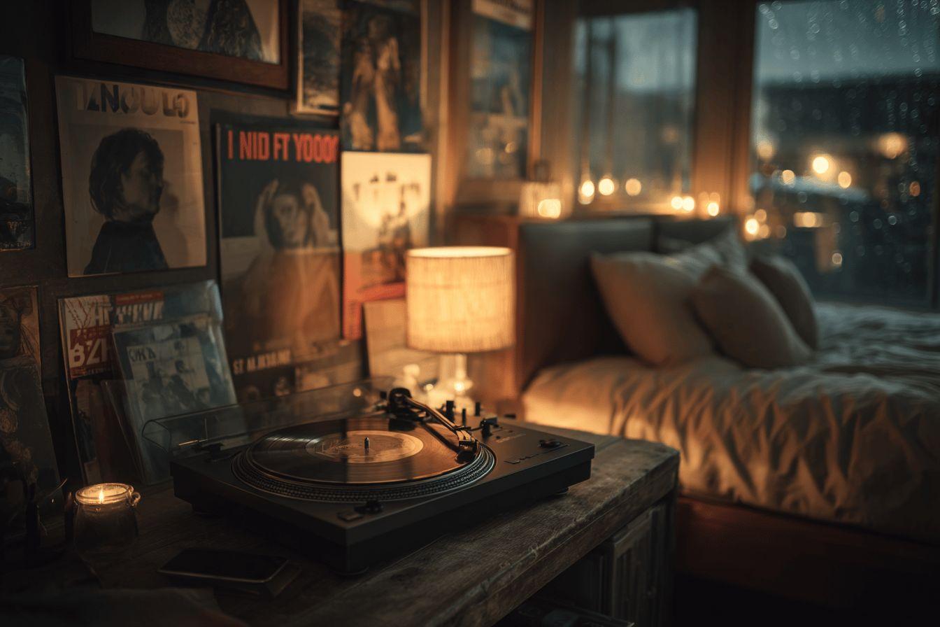 Tourne-disque vintage avec affiches et bougies dans chambre sombre