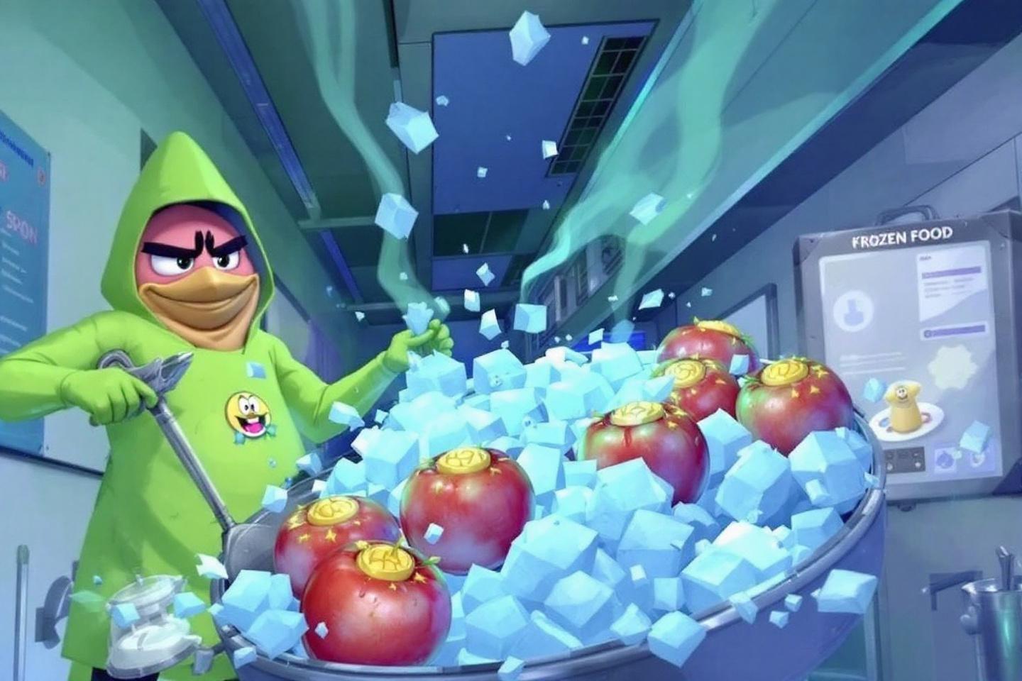 Personnage en vert avec des tomates et des glaçons bleus