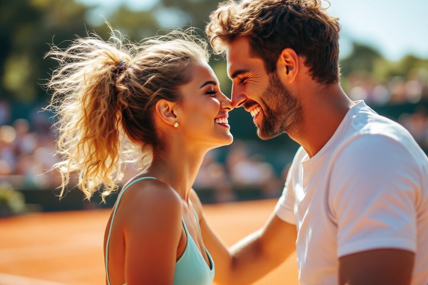 Couple souriant pr&egrave;s l'un de l'autre sur un terrain
