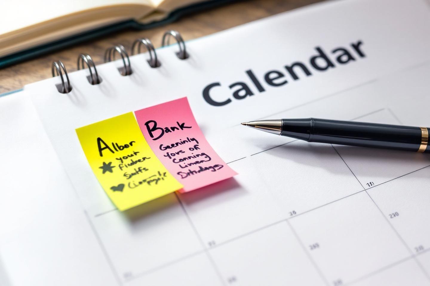 Stylo et post-it jaune et rose sur un agenda ouvert