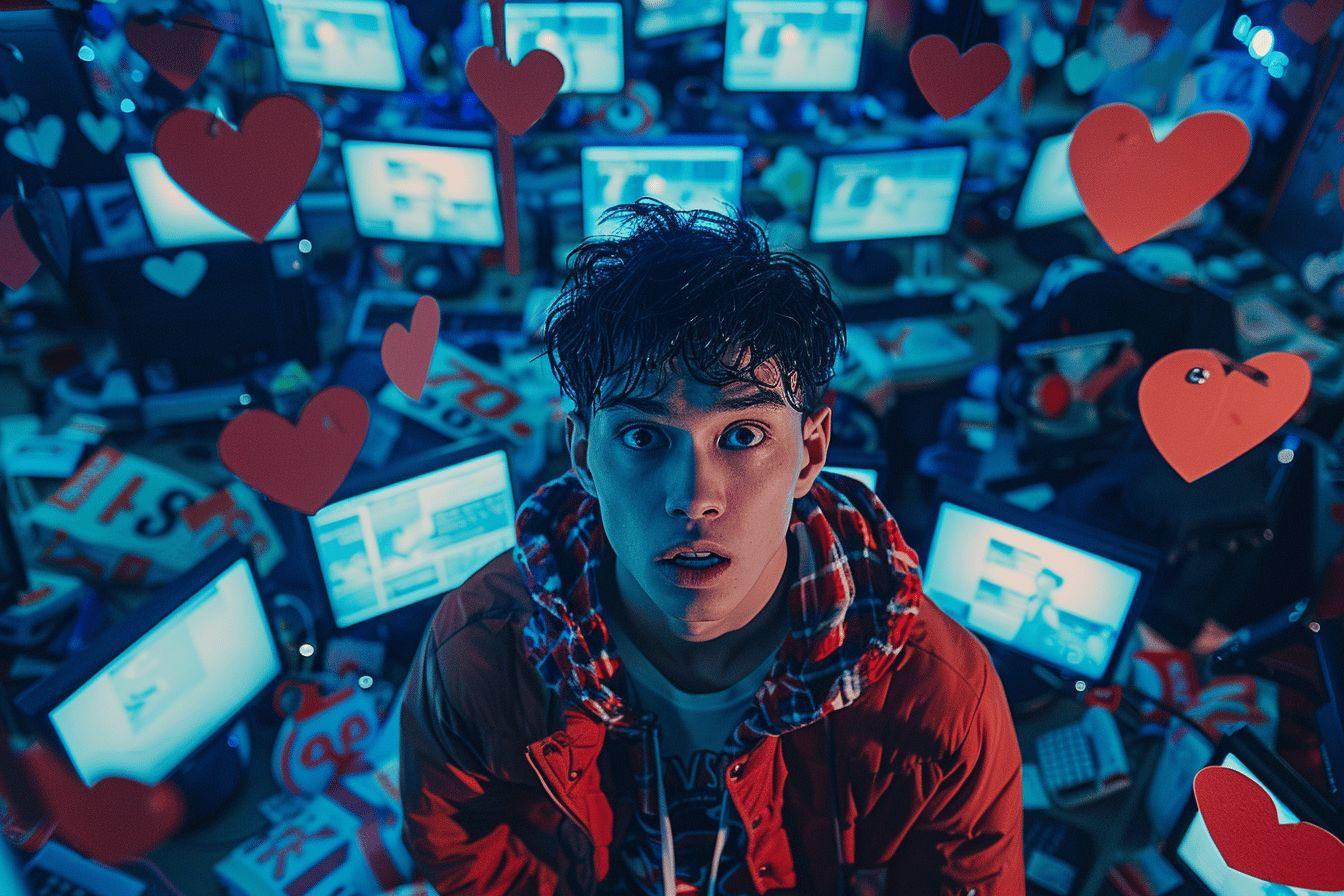 Jeune homme entour&eacute; d'&eacute;crans et de c&oelig;urs num&eacute;riques