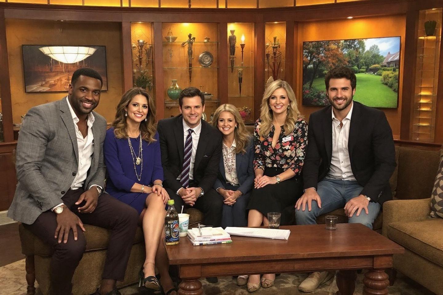 Six pr&eacute;sentateurs assis sur un canap&eacute; lors d'une &eacute;mission