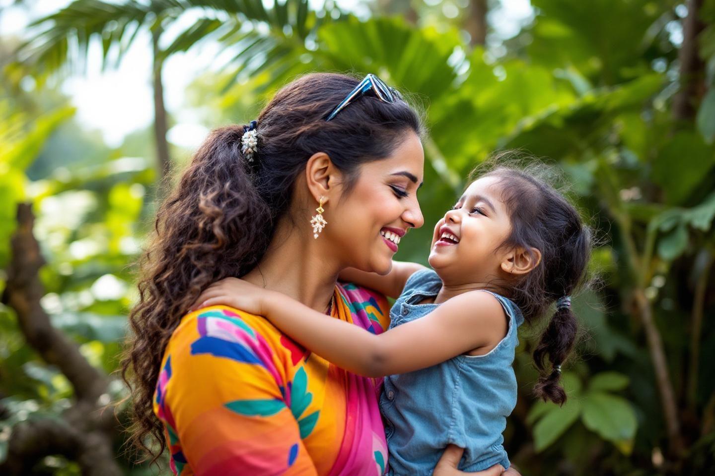 Femme et enfant riant ensemble dans un d&eacute;cor verdoyant