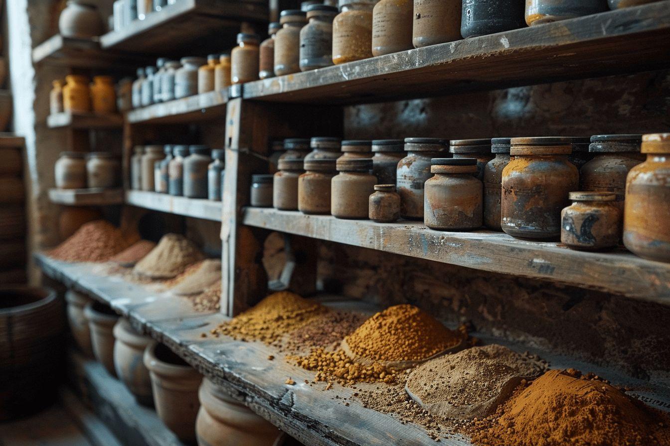 Une collection d'&eacute;pices et de pots de verre dans un ancien placard en bois.