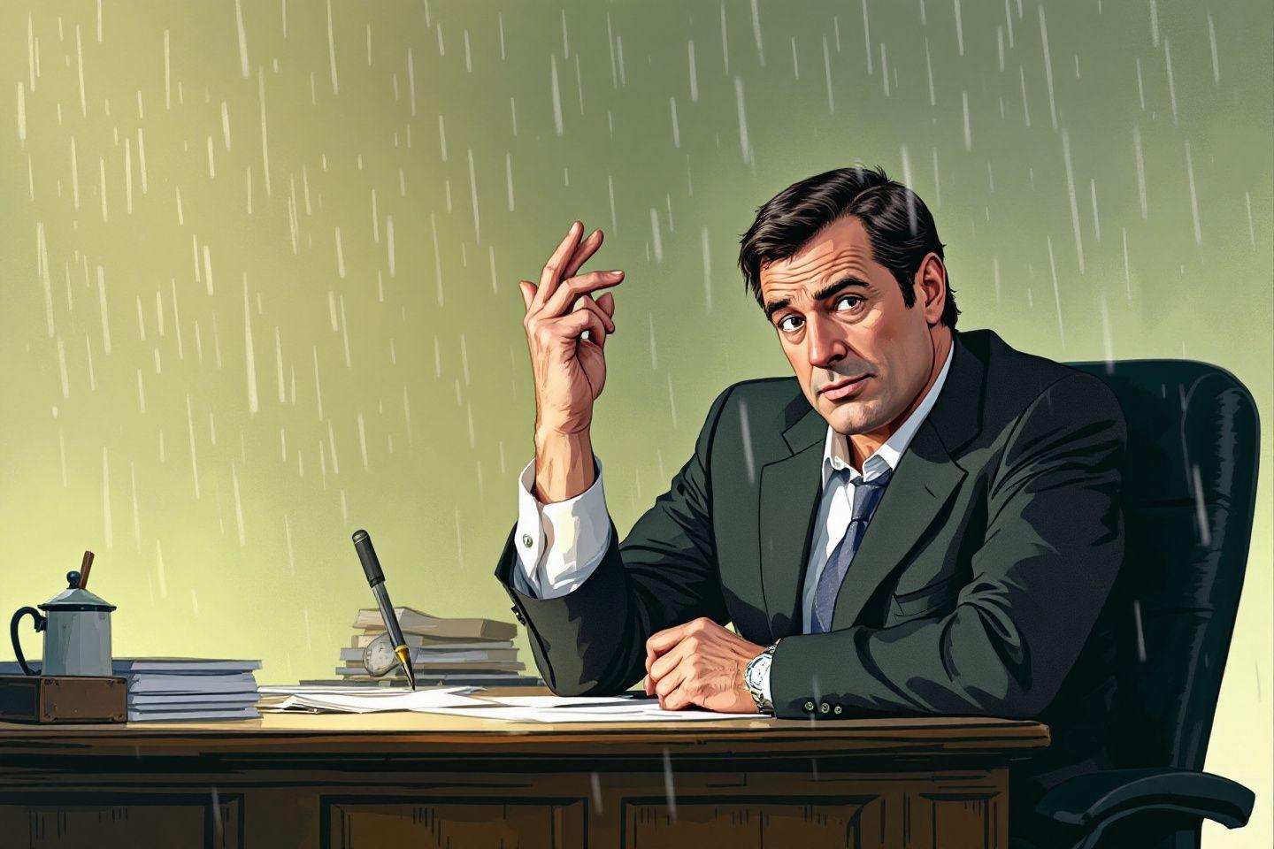 Homme au bureau, doigt lev&eacute;, regardant pensivement par la fen&ecirc;tre