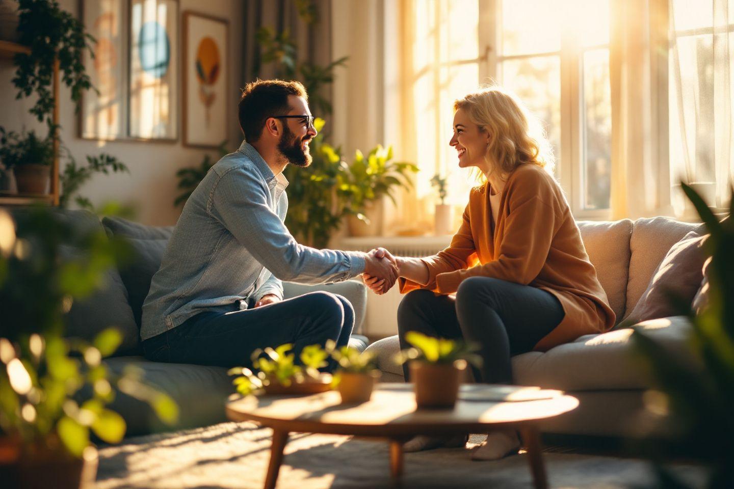 Deux personnes se serrant la main dans un int&eacute;rieur v&eacute;g&eacute;tal