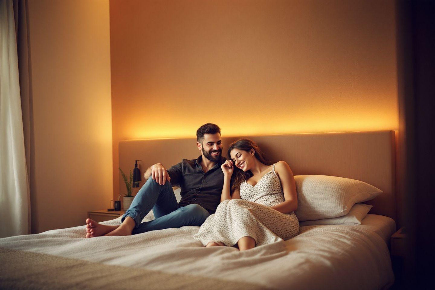 Deux personnes souriantes enlac&eacute;es sur un lit douillet