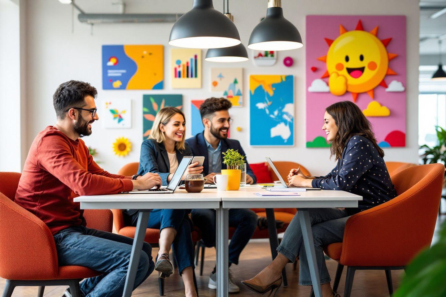 Quatre coll&egrave;gues souriants travaillant ensemble autour d'une table