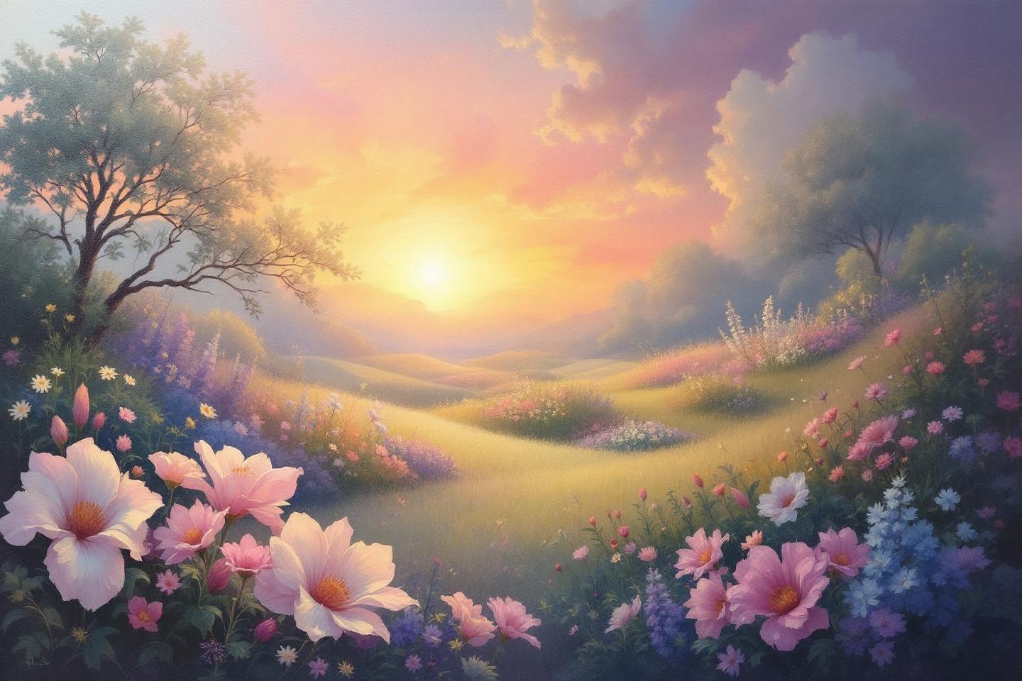 Paysage paisible avec fleurs lumineuses et ciel dor&eacute;