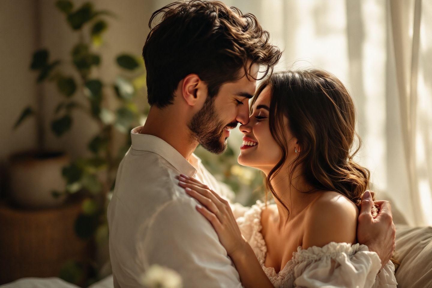 Couple enlac&eacute;, souriant tendrement pr&egrave;s d'une fen&ecirc;tre lumineuse