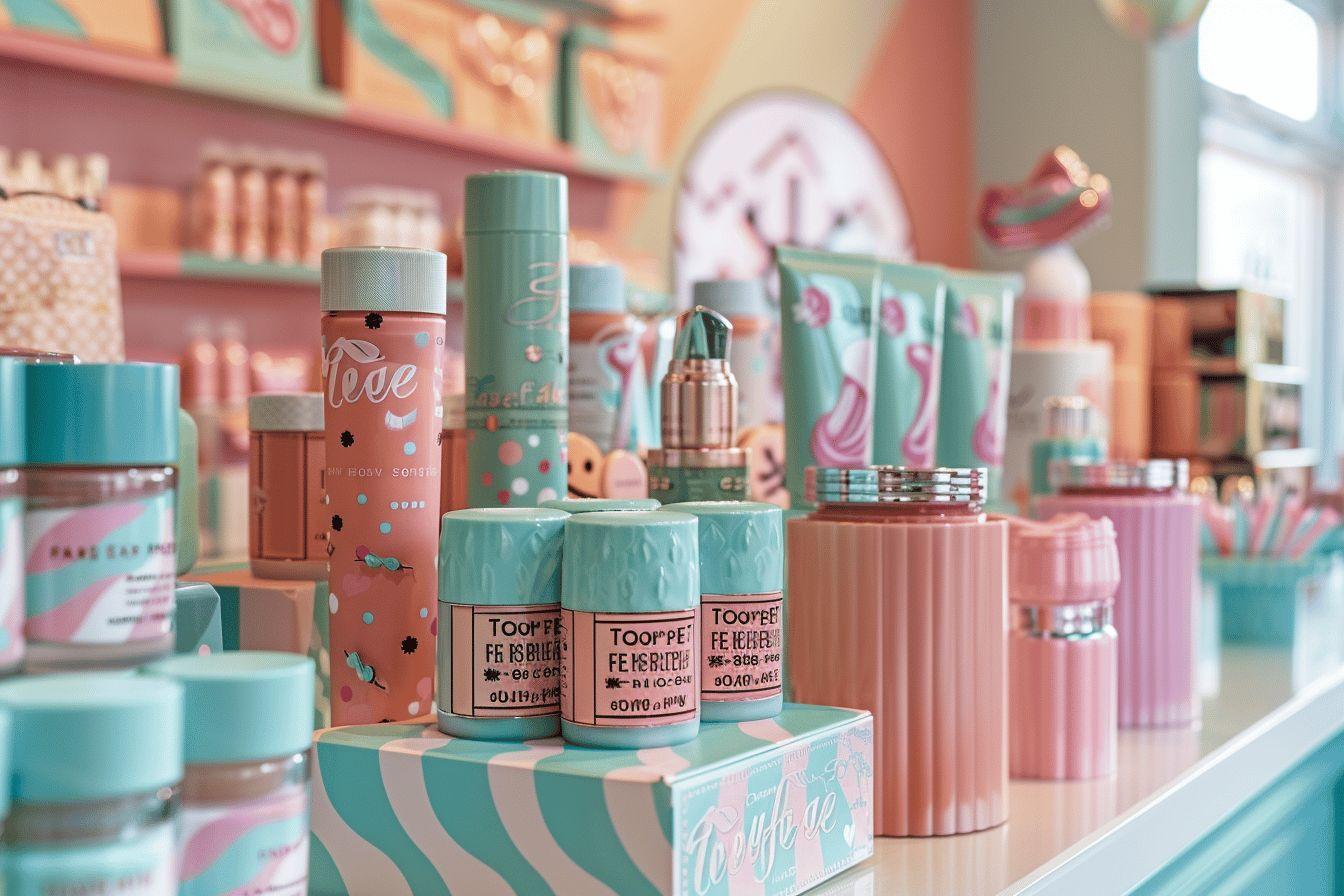 &Eacute;tag&egrave;res remplies de produits de beaut&eacute; vintage dans des tons pastel