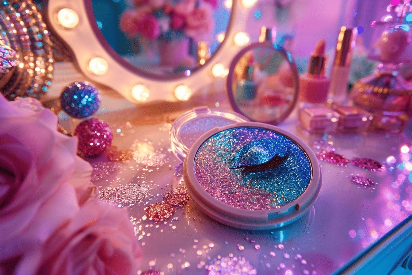 Miroir, fards &agrave; paupi&egrave;res, paillettes roses et bleues, fleurs.