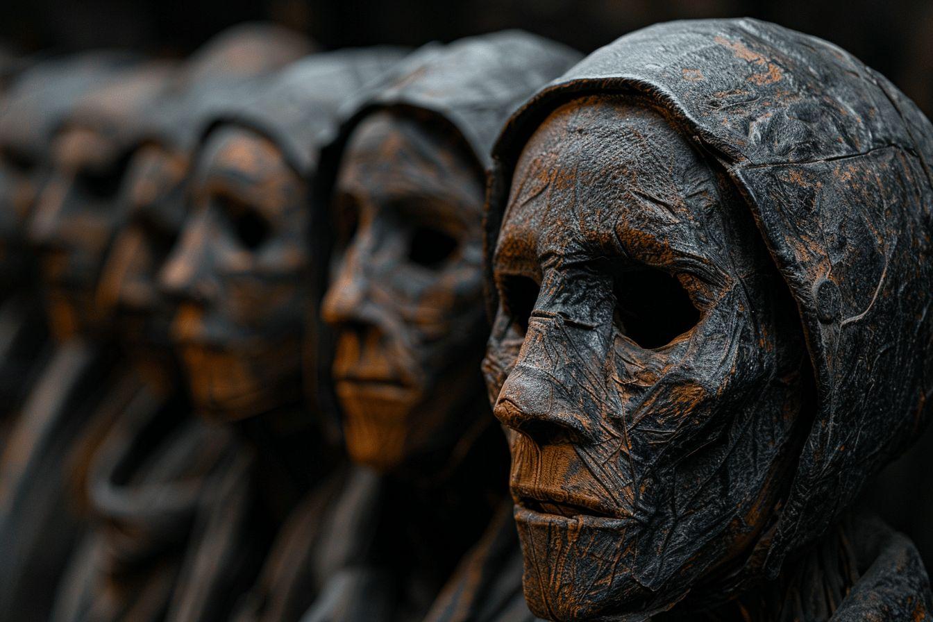 Figures sculpt&eacute;es sombres avec textures us&eacute;es et capuchons