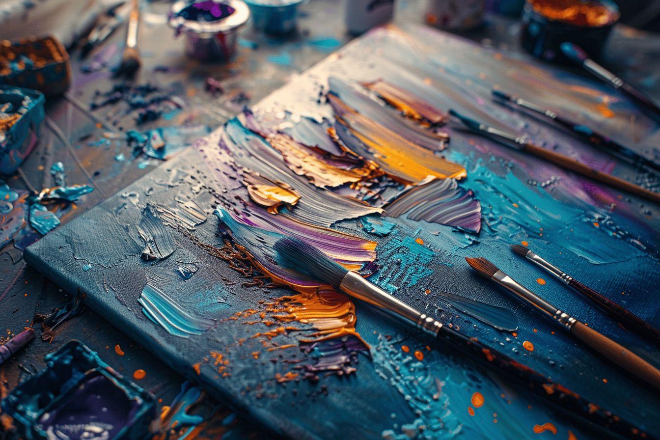 Gros plan sur des pinceaux et des couleurs m&eacute;lang&eacute;es