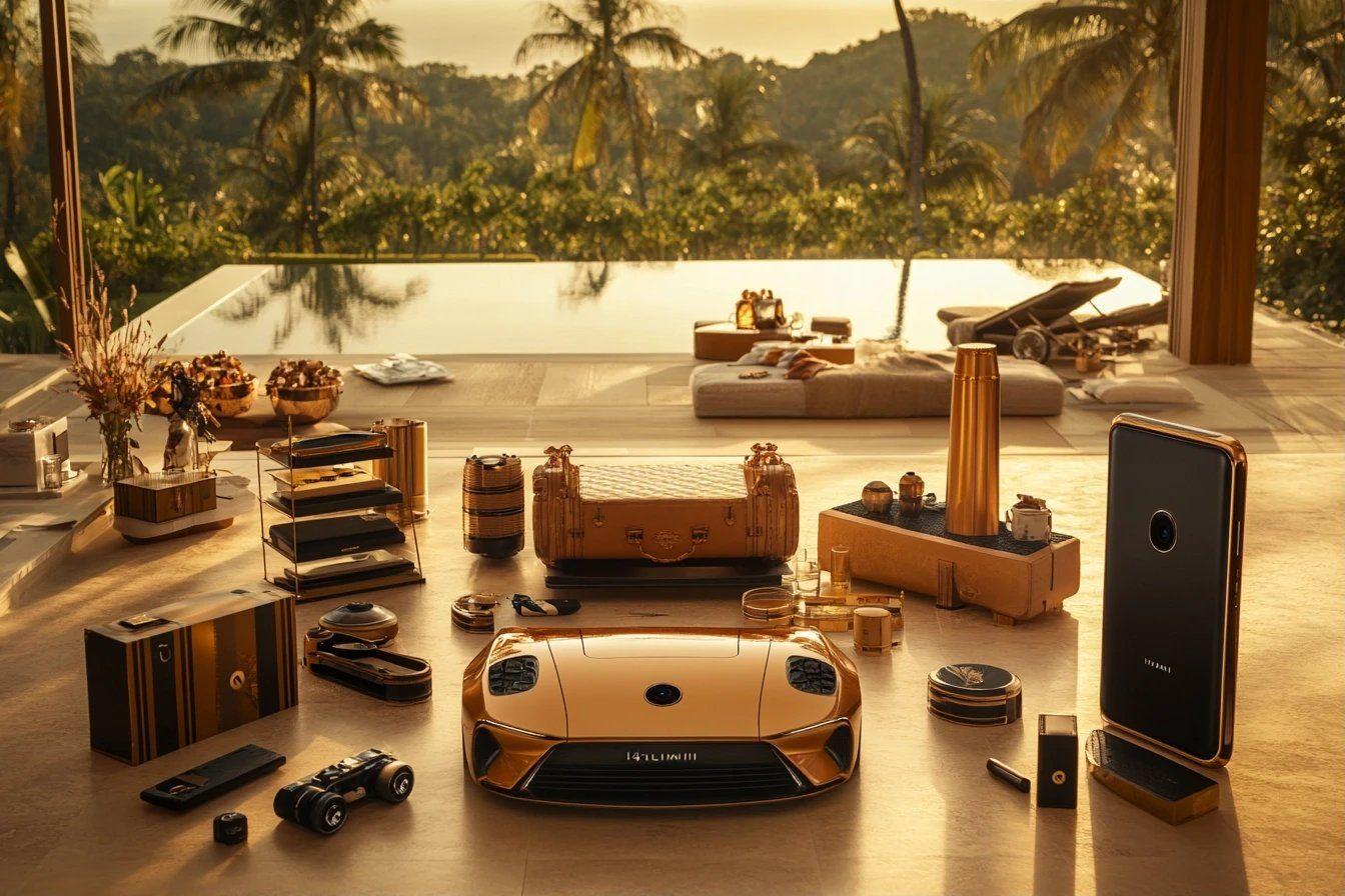 Articles de luxe dor&eacute;s dispos&eacute;s pr&egrave;s d'une piscine &agrave; d&eacute;bordement