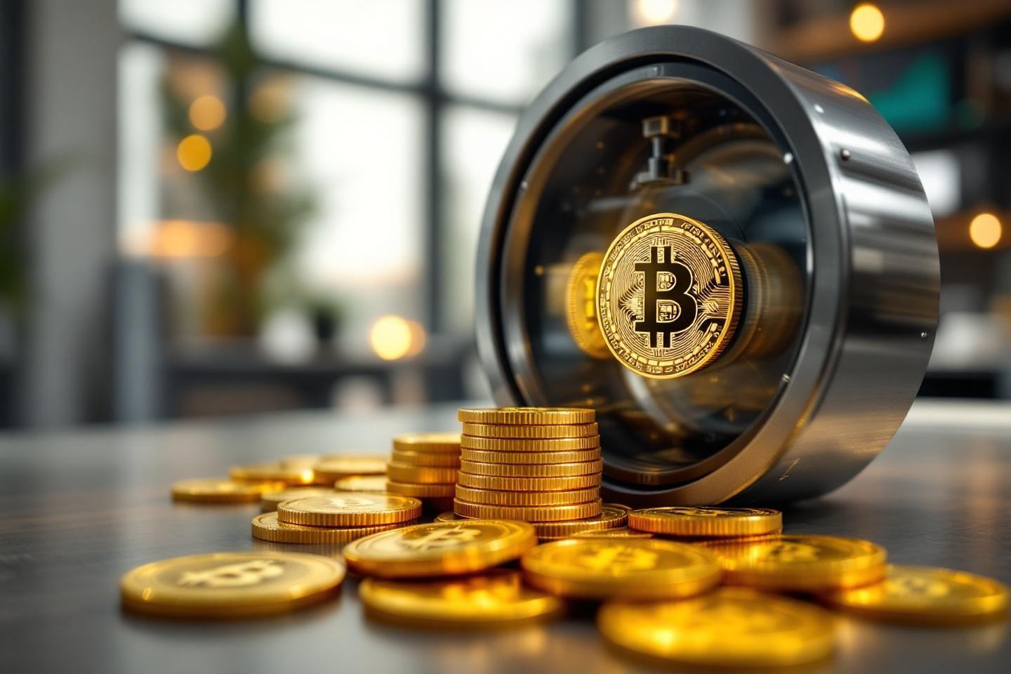 Pi&egrave;ces de bitcoin brillantes dans un support m&eacute;tallique moderne