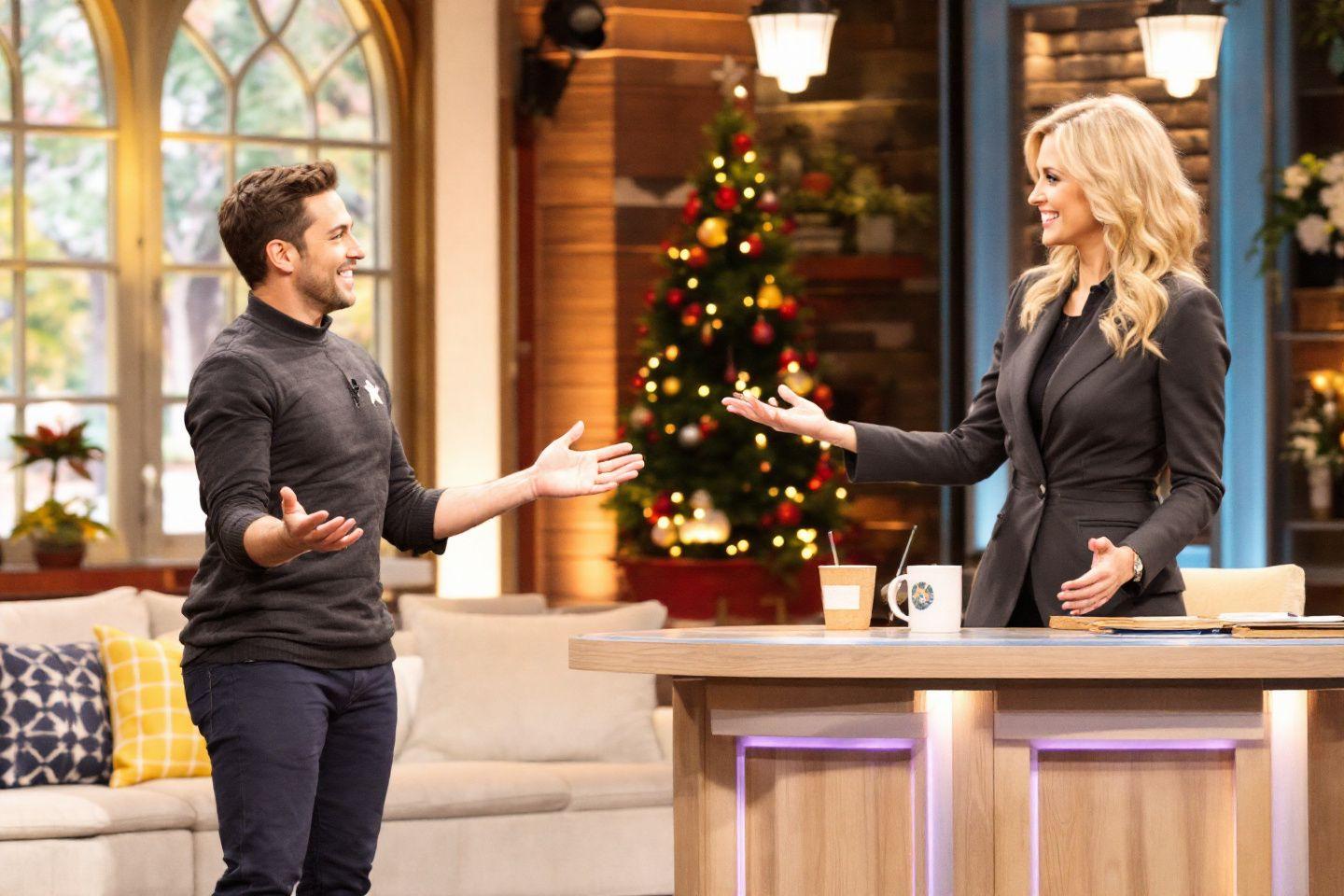 Deux animateurs discutant dans un d&eacute;cor festif