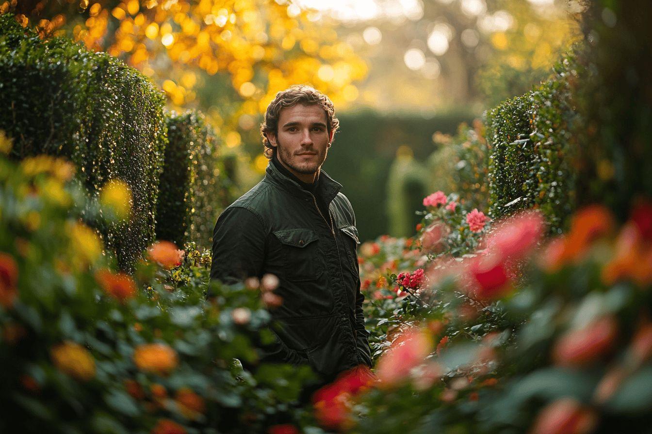 Silhouette masculine entourée de feuillage et de fleurs colorées