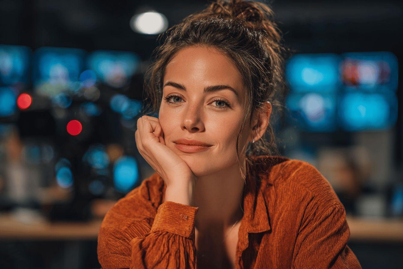 Femme souriante en chemise orange, ambiance douce et lumineuse