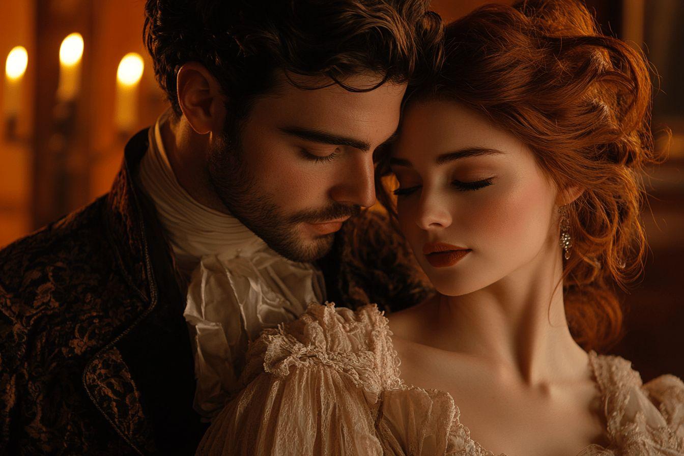 Couple en tenue d'&eacute;poque, enlac&eacute; dans une lumi&egrave;re chaleureuse