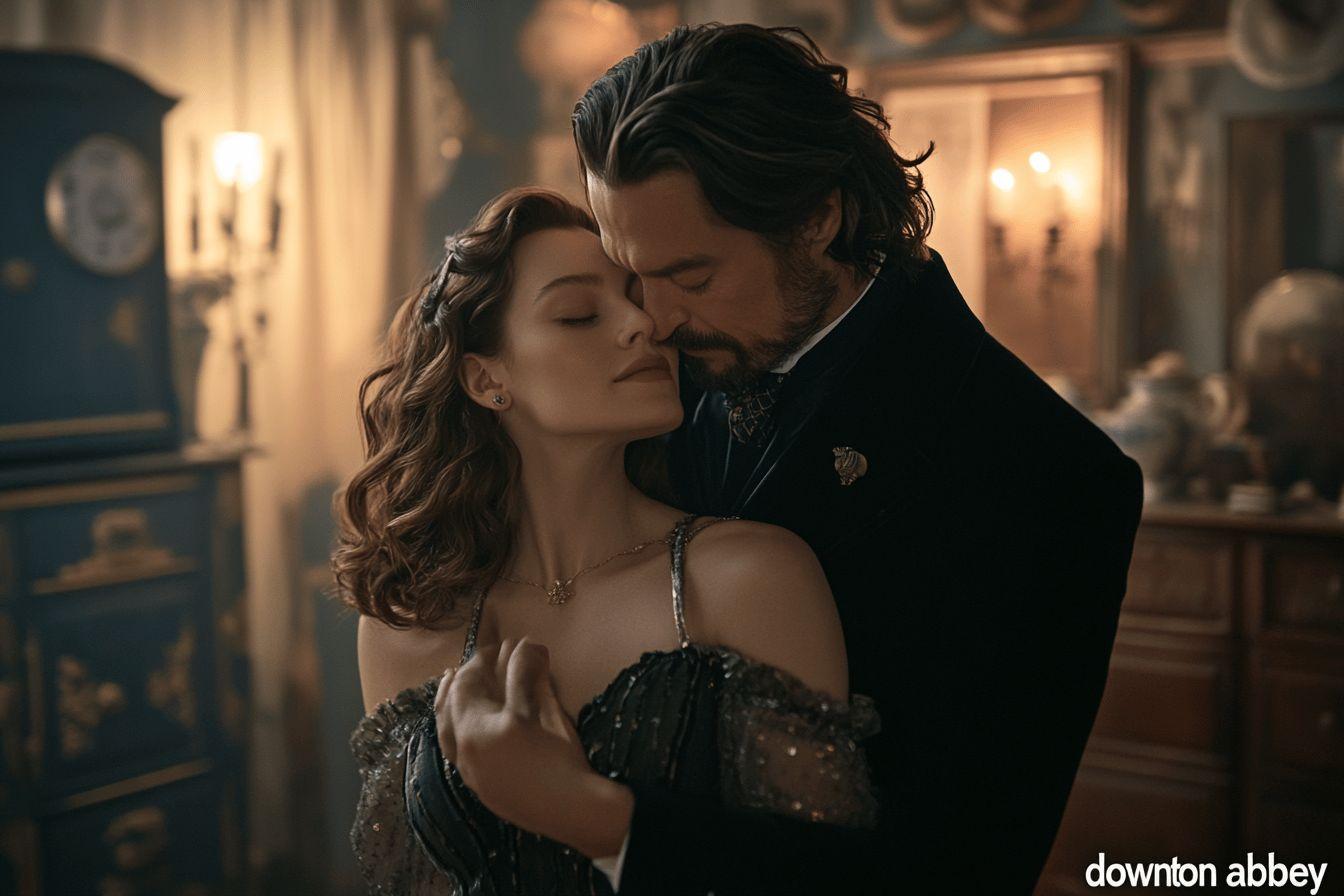 Couple &eacute;l&eacute;gant en tenue de soir&eacute;e, enlac&eacute; dans un int&eacute;rieur ancien