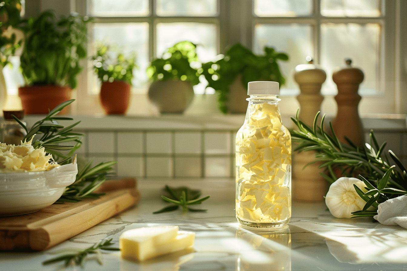 Bouteille de verre avec tranches de citron, plantes aromatiques et ustensiles de cuisine