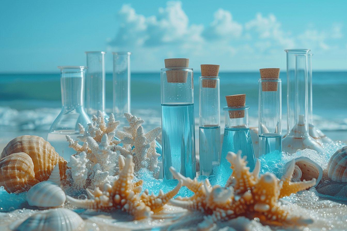 D&eacute;cor marin avec coquillages, coraux et bocaux transparents