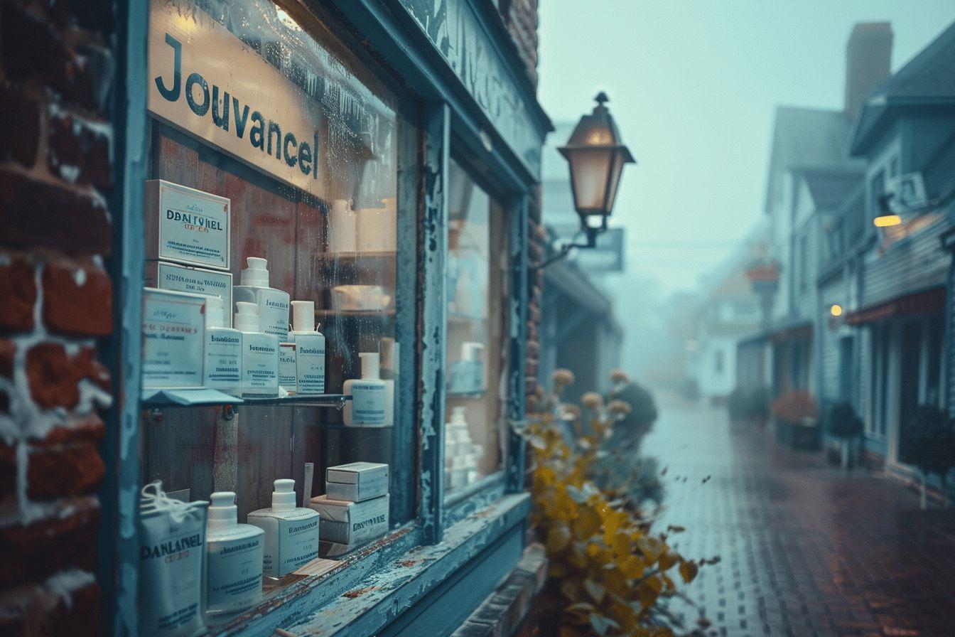 Vitrine d'un magasin de pharmacie ancienne dans une rue enneig&eacute;e