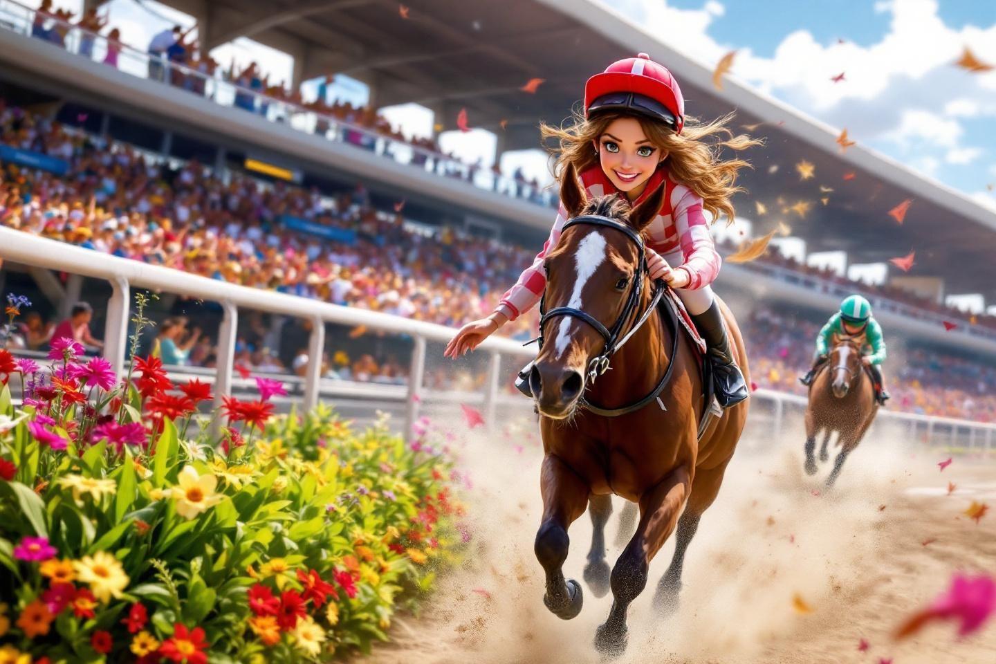Jockey f&eacute;minin souriant, &agrave; cheval dans un hippodrome anim&eacute;