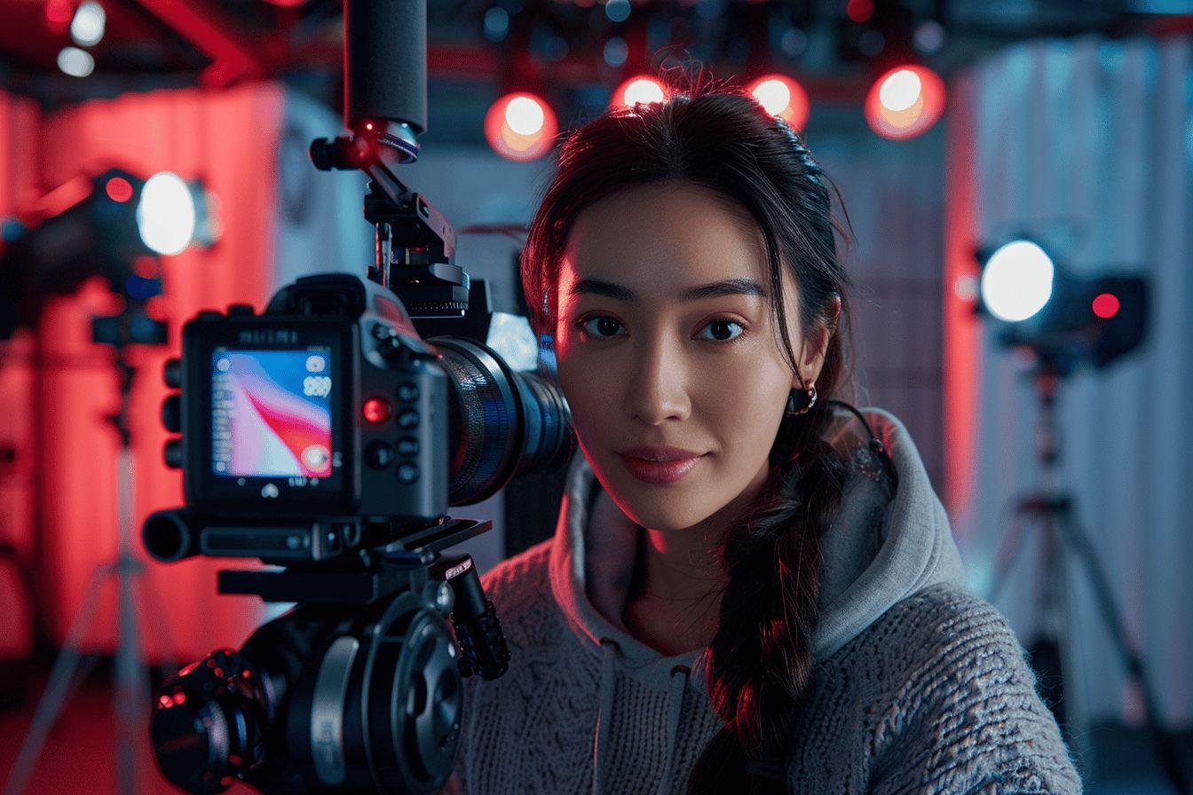 Une femme photographe en action, cam&eacute;ra &agrave; la main dans un environnement lumineux.