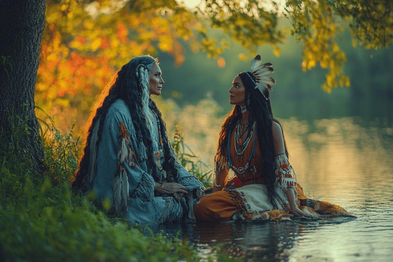 Deux personnes en tenue traditionnelle près d'une rivière automnale