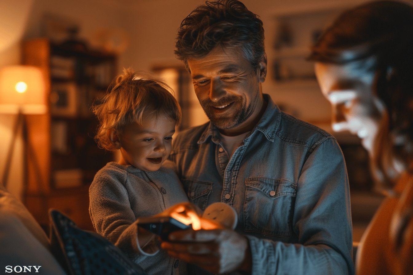 Un homme barbu souriant et son jeune fils jouent ensemble sur un t&eacute;l&eacute;phone portable dans une pi&egrave;ce sombre