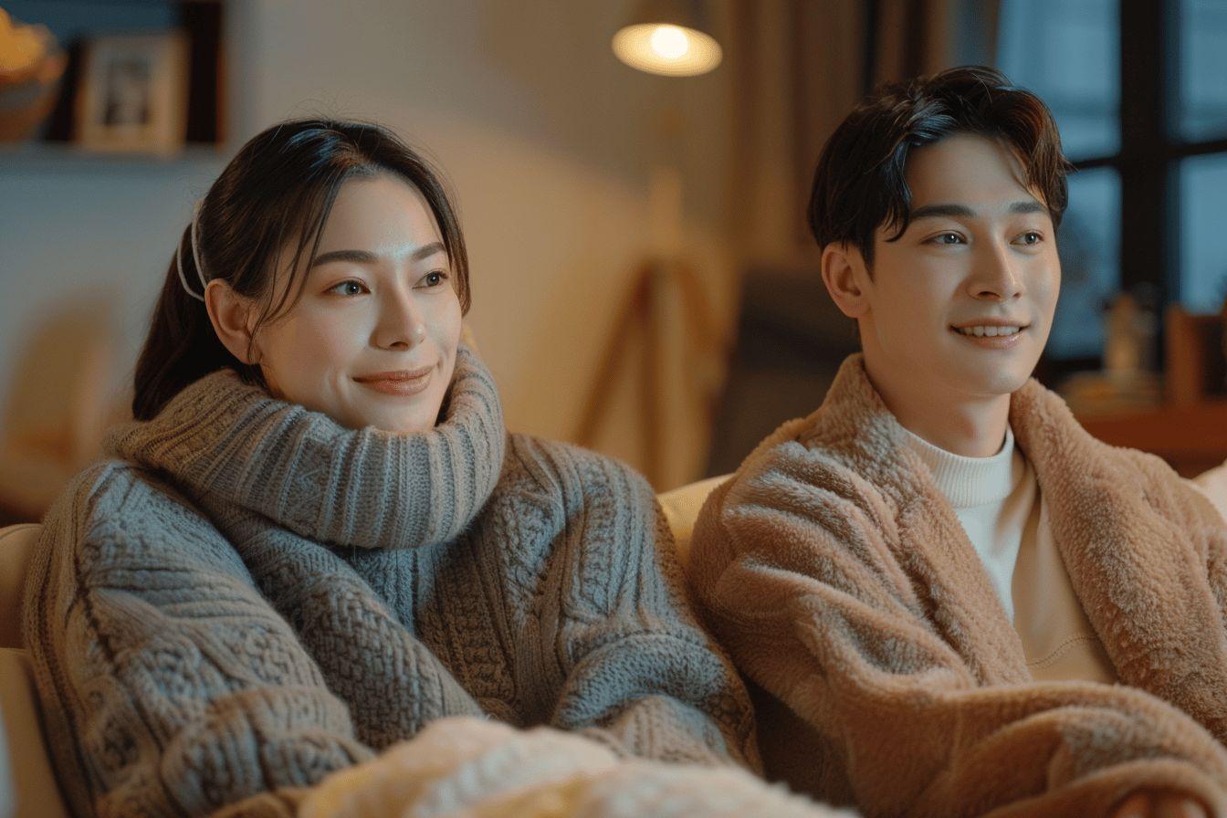 Deux personnes souriantes en pulls tricotés, assises côte à côte