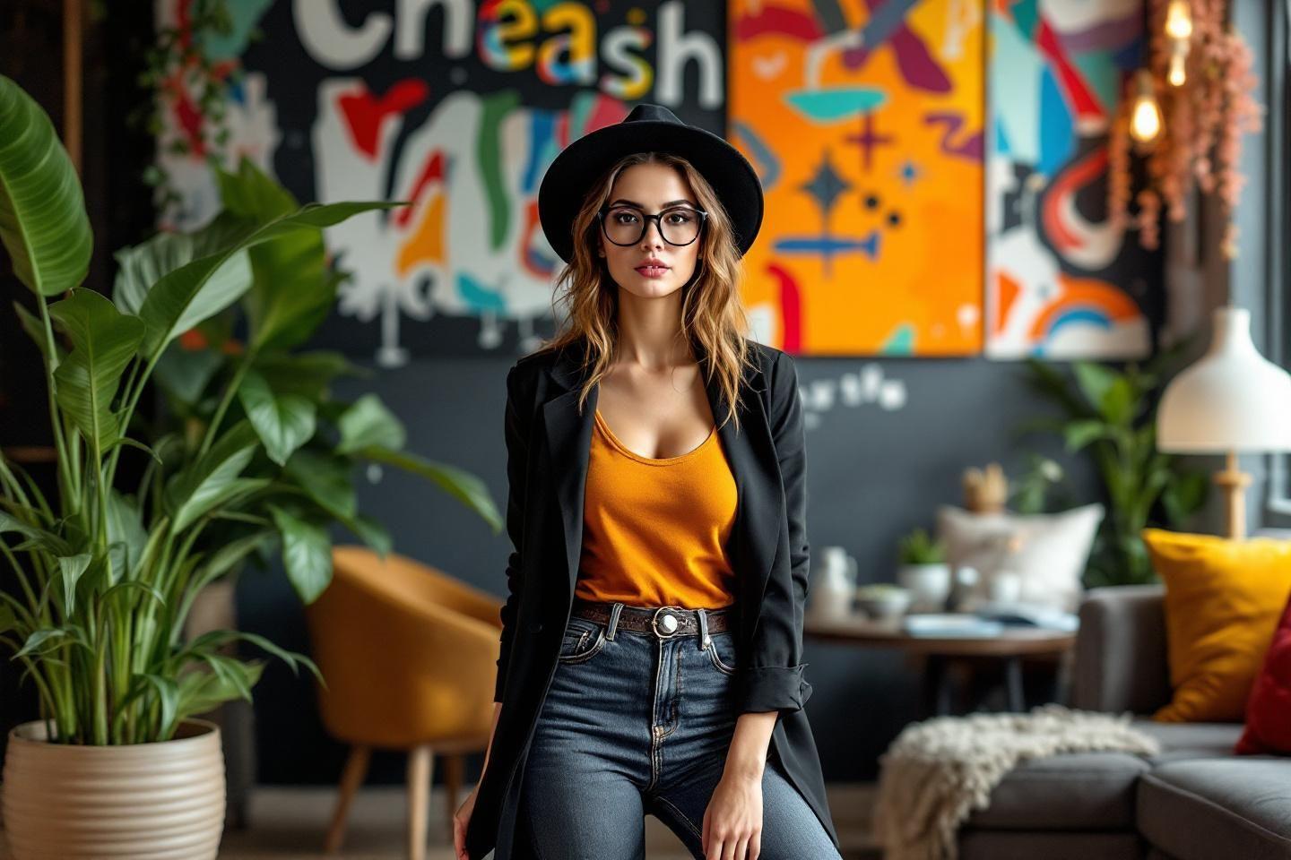 Femme &eacute;l&eacute;gante avec chapeau et lunettes dans un int&eacute;rieur color&eacute;
