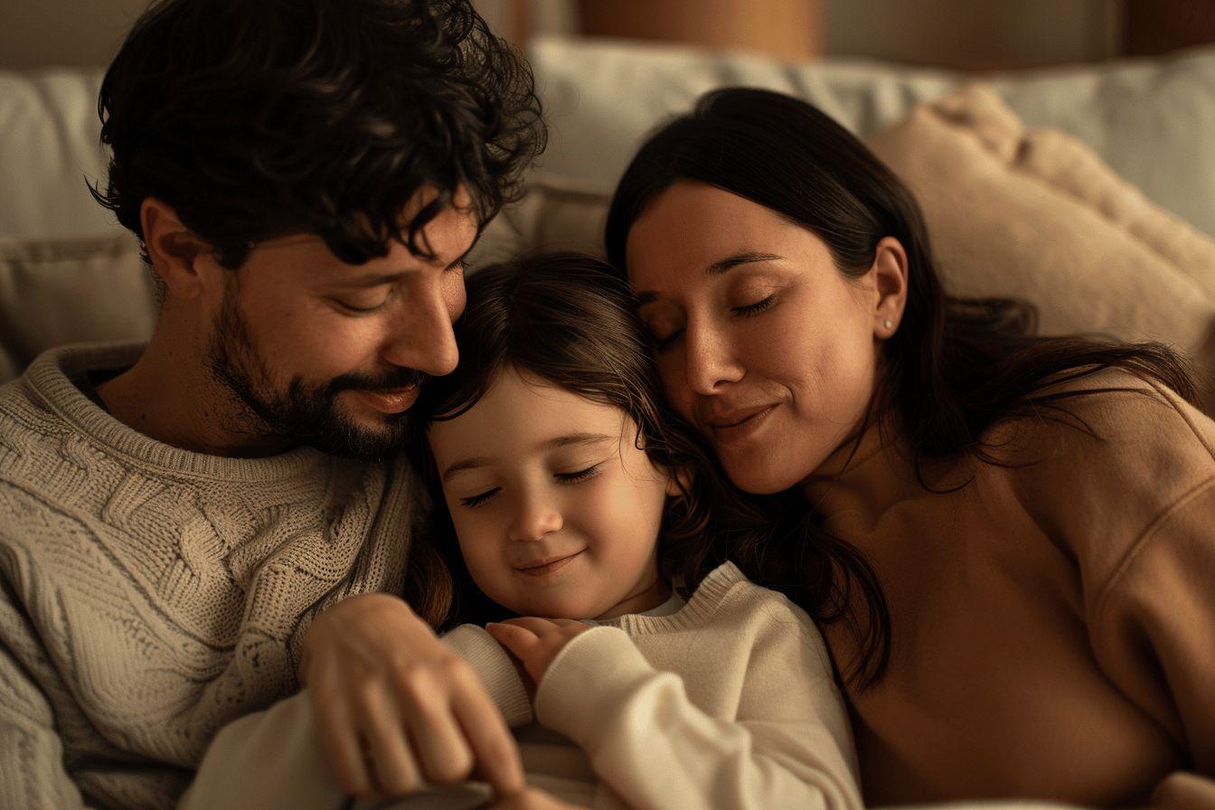 Famille blottie ensemble, yeux ferm&eacute;s, atmosph&egrave;re chaleureuse