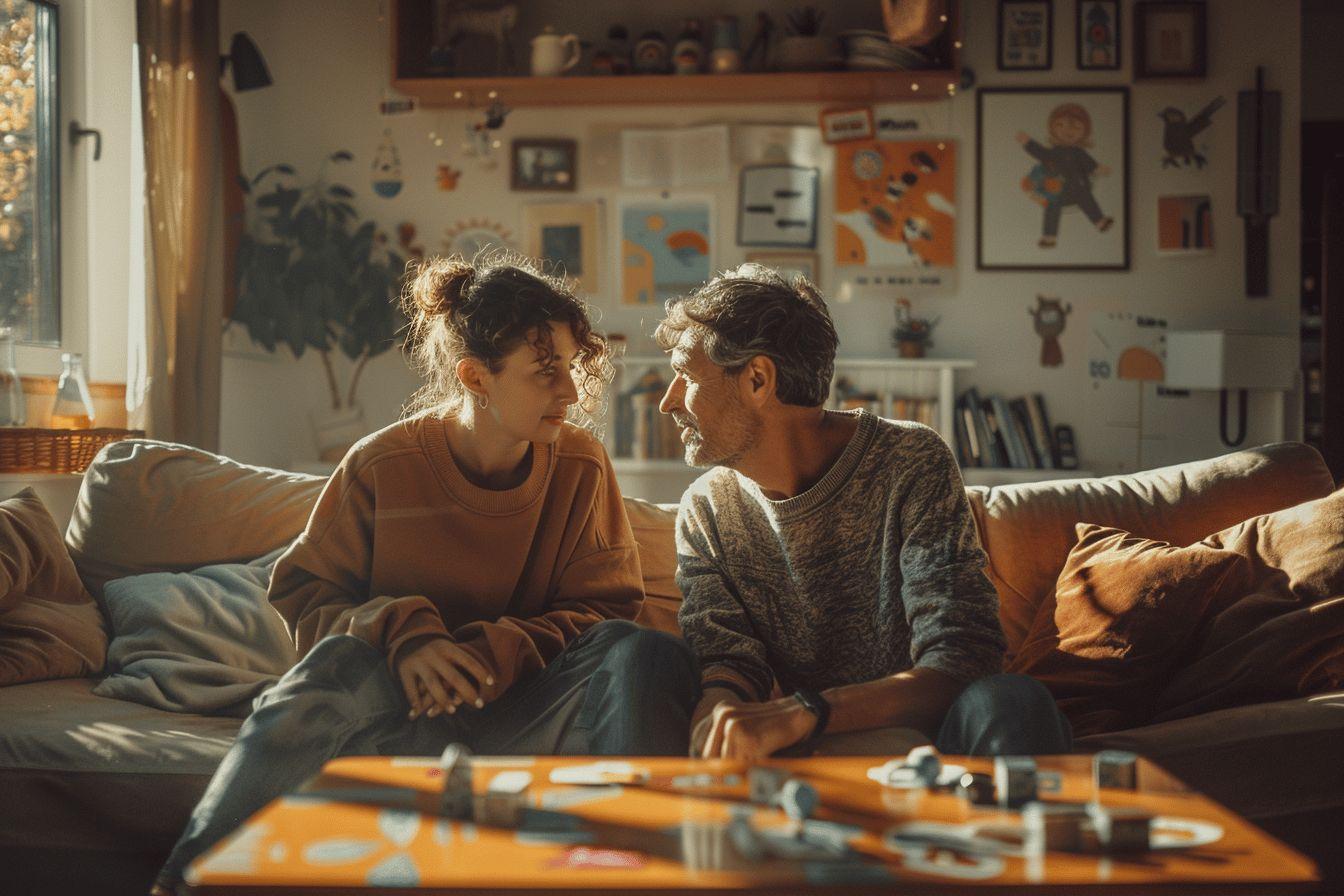 Deux personnes discutant sur un canap&eacute;, int&eacute;rieur confortable