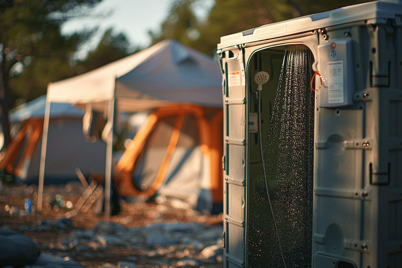 Tente de camping dans un paysage automnal avec une cabine de douche portable
