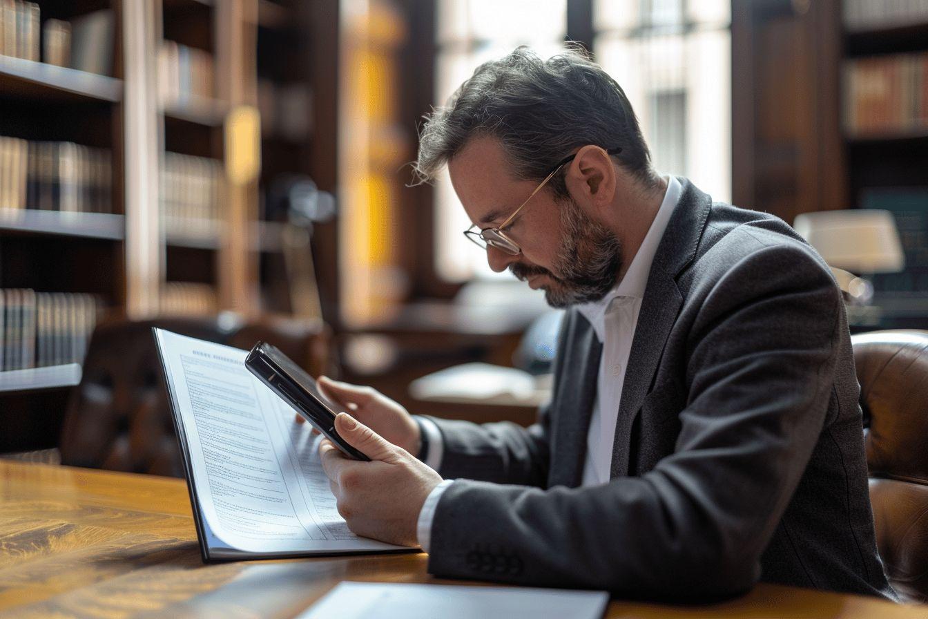 Un homme en costume penché sur un document sur un bureau en bois